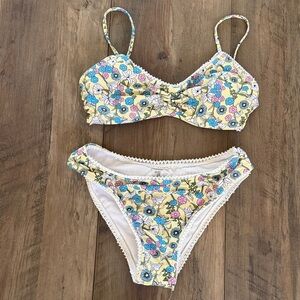 Floral Yellow Bikini Set with Blue & Pink Flowers